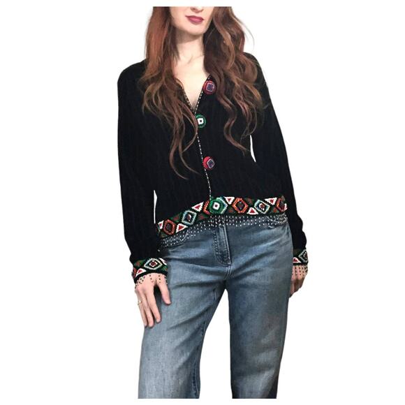 Berek Takako Sakon Beaded Chenille Cardigan Sweater M Boho Southwestern Tassel - Picture 5 of 16